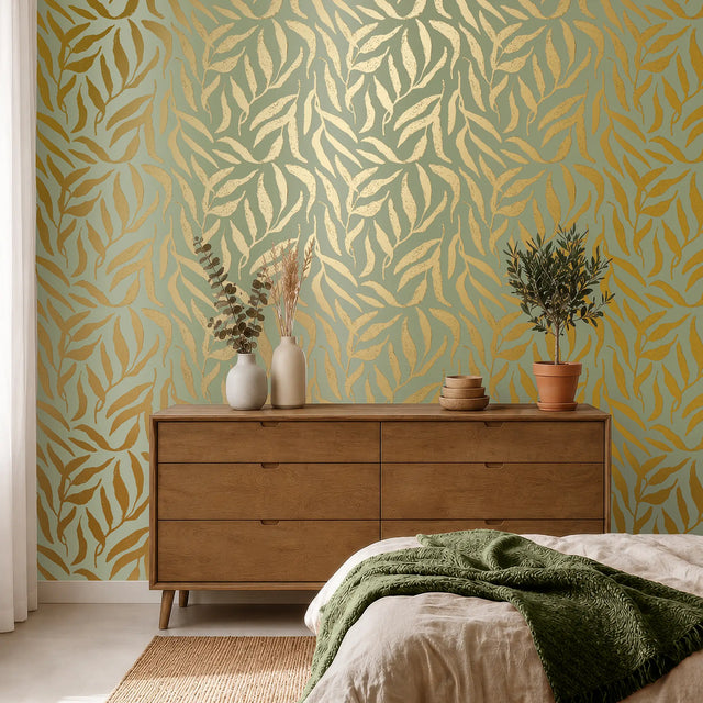 Olive Leaf Wallpaper in Sage Green with Gold Foil