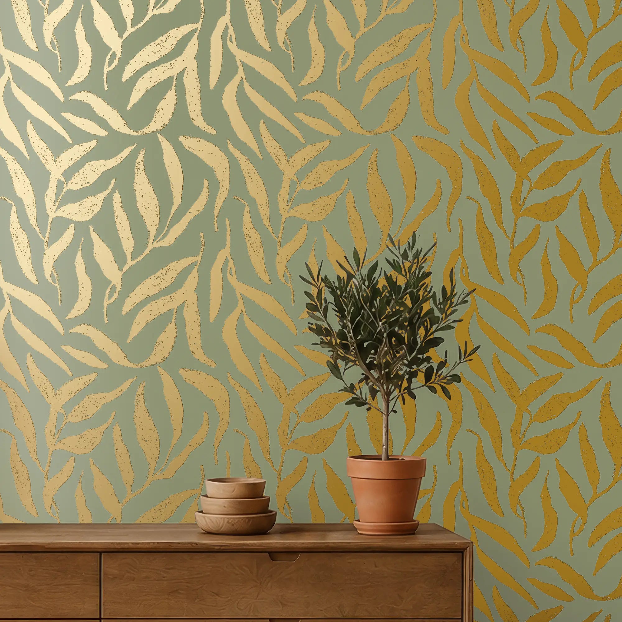 Olive Leaf Wallpaper in Sage Green with Gold Foil