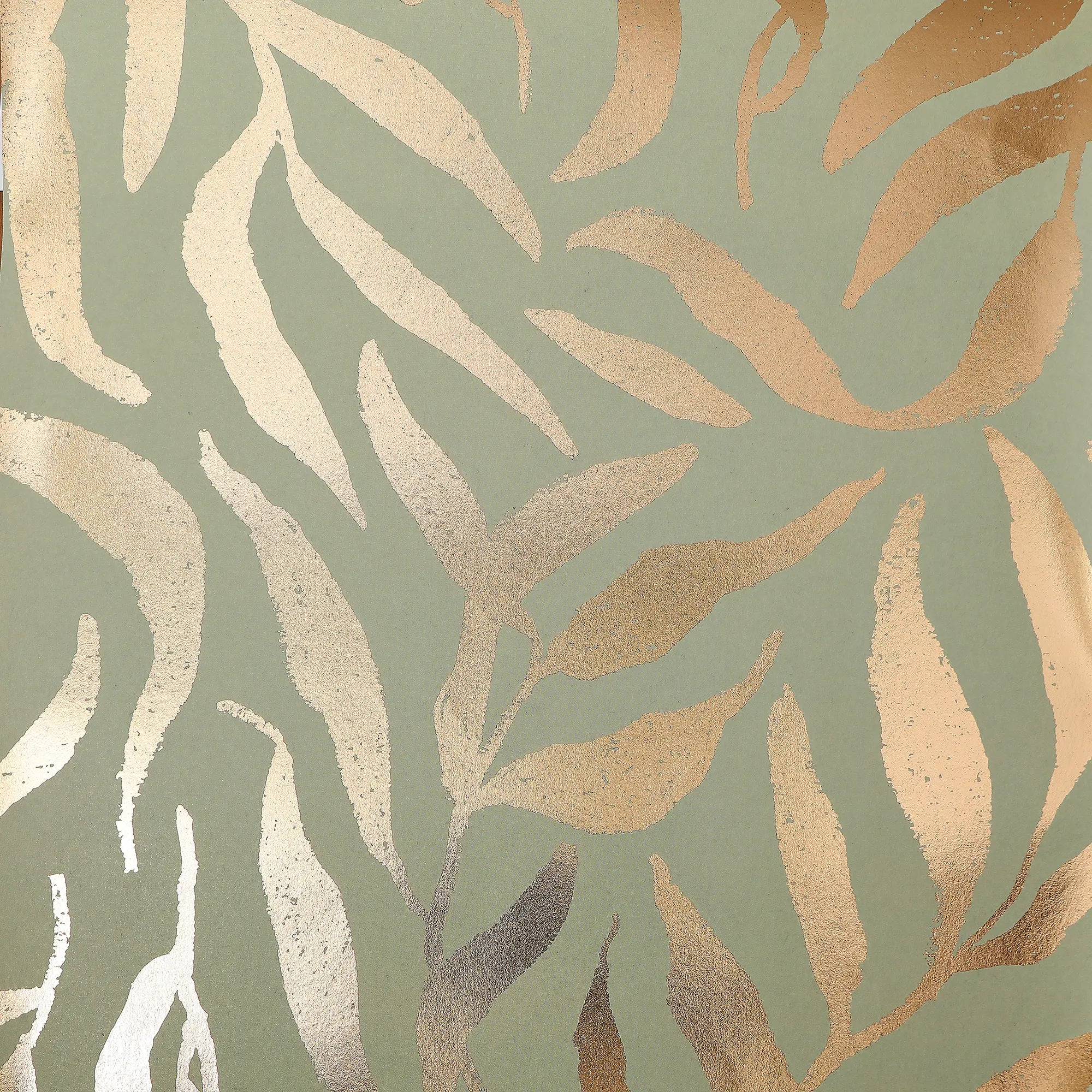 Olive Leaf Wallpaper in Sage Green with Gold Foil
