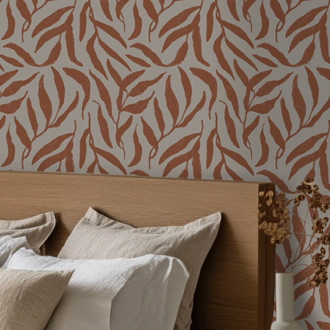 Olive Leaf Wallpaper in Terracotta on Cream