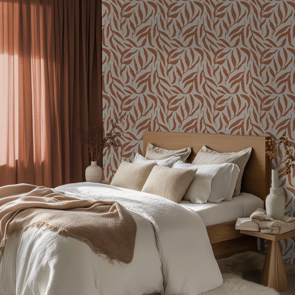 Olive Leaf Wallpaper in Terracotta on Cream