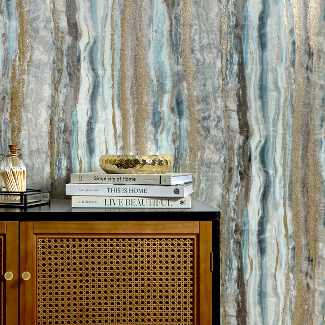 Oslo Wallpaper in Blue and Brown with Gold Metallic