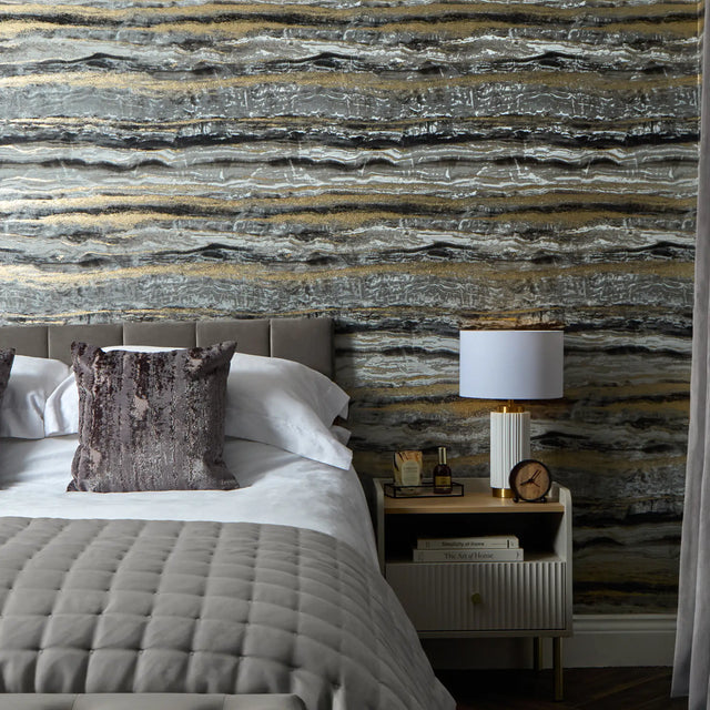 Oslo Wallpaper in Charcoal and Black with Gold Metallic