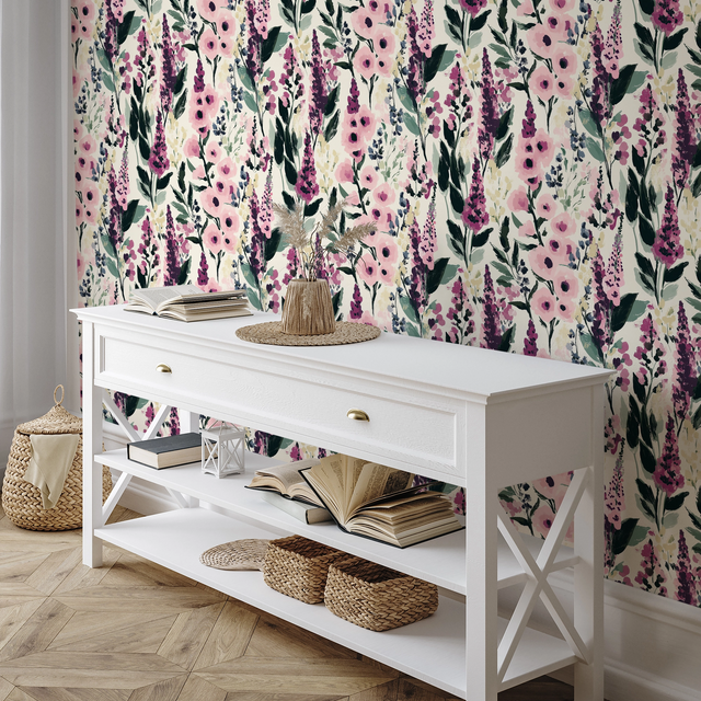 Painted Petals Wallpaper in Pinks on Cream