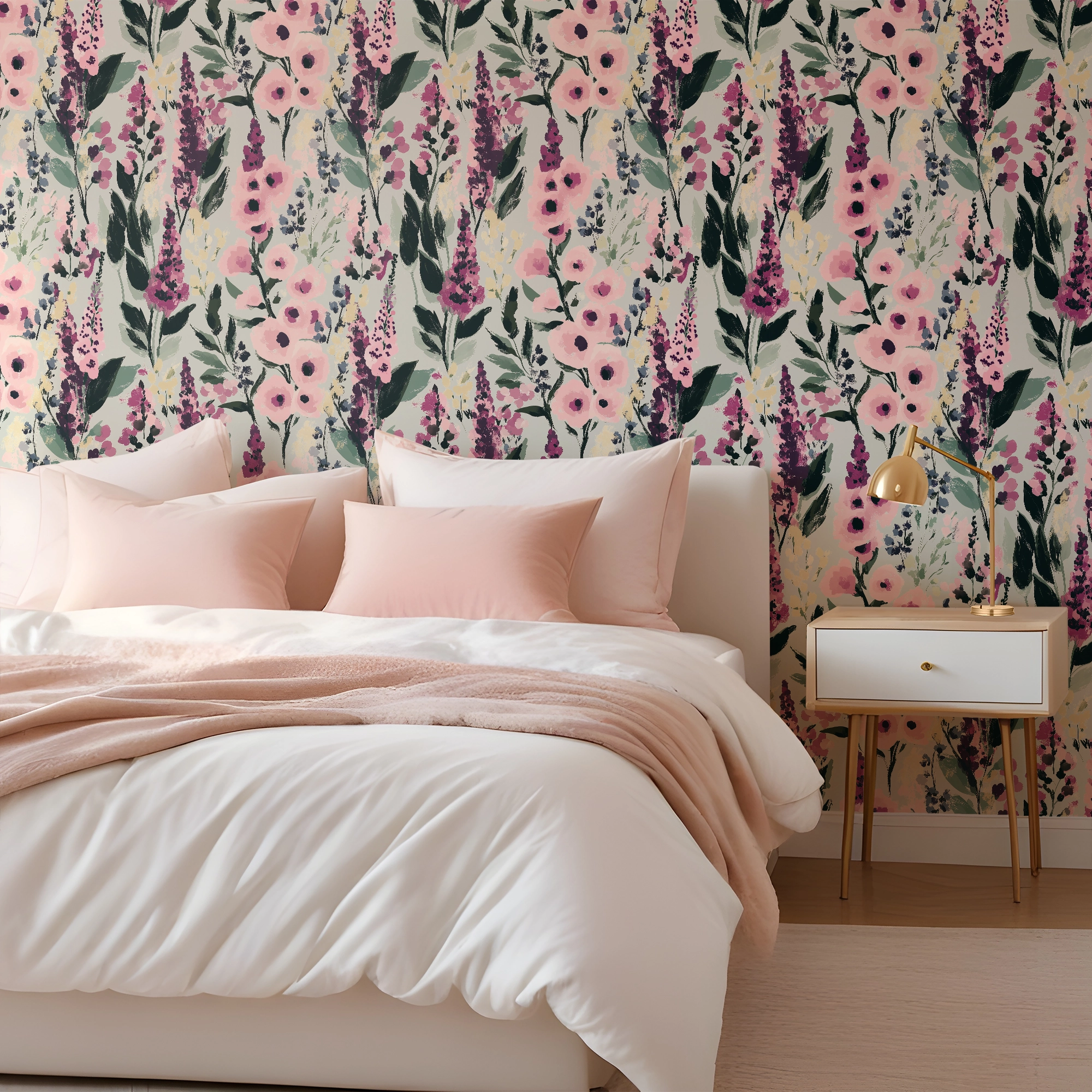 Painted Petals Wallpaper in Pinks on Sage – I Love Wallpaper