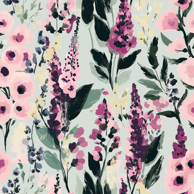 Painted Petals Wallpaper in Pinks on Sage