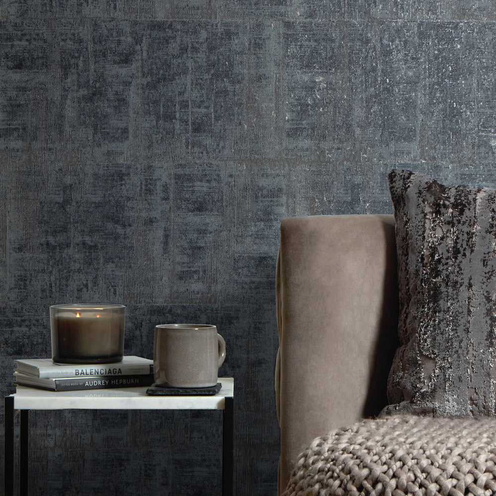 Palermo Wallpaper in Gold Metallic on Bluey Grey