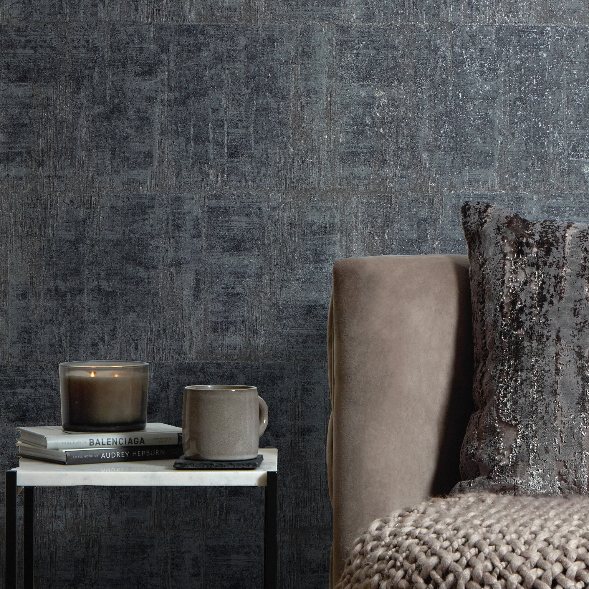 Palermo Wallpaper in Gold Metallic on Bluey Grey