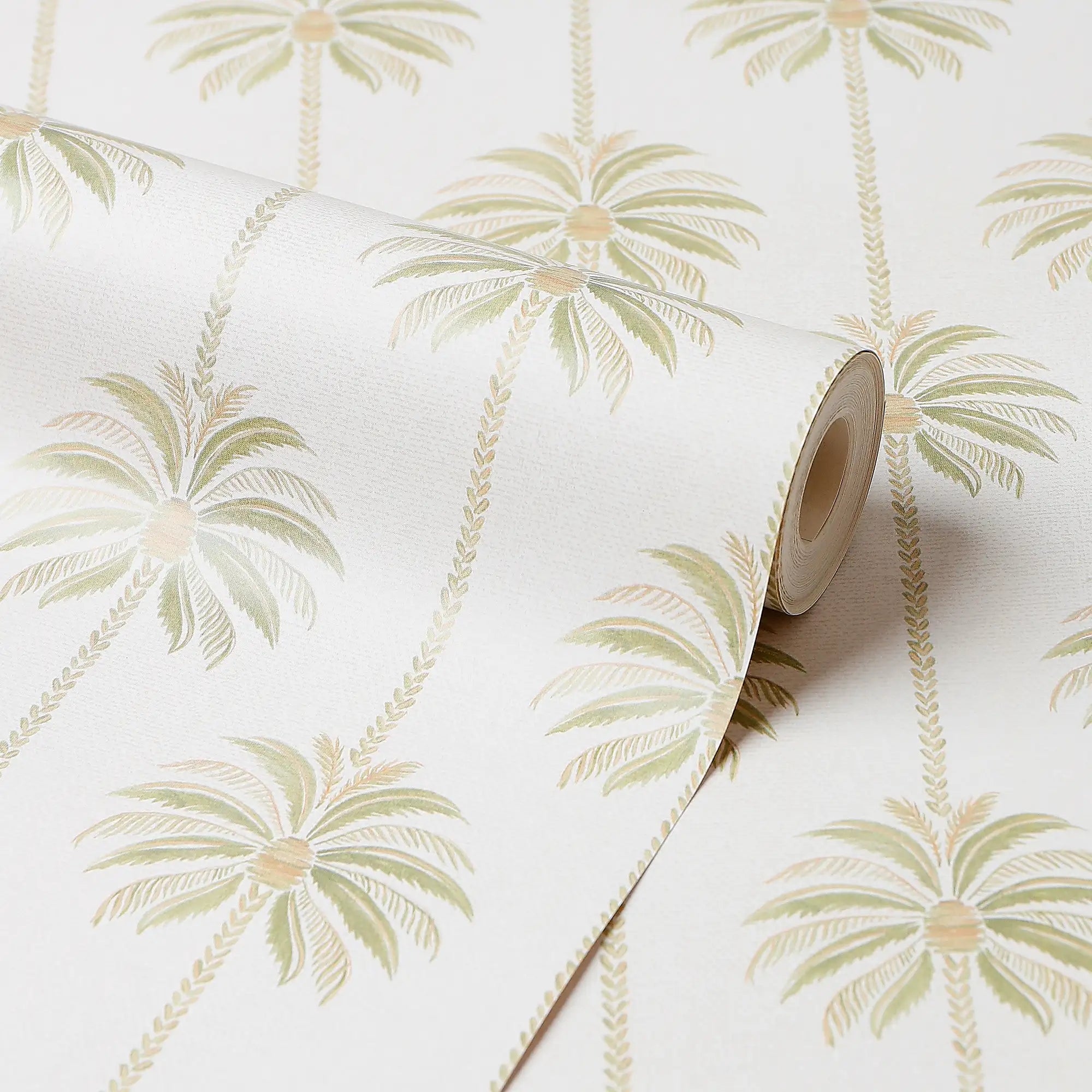Palm Parade Wallpaper in Green on Cream