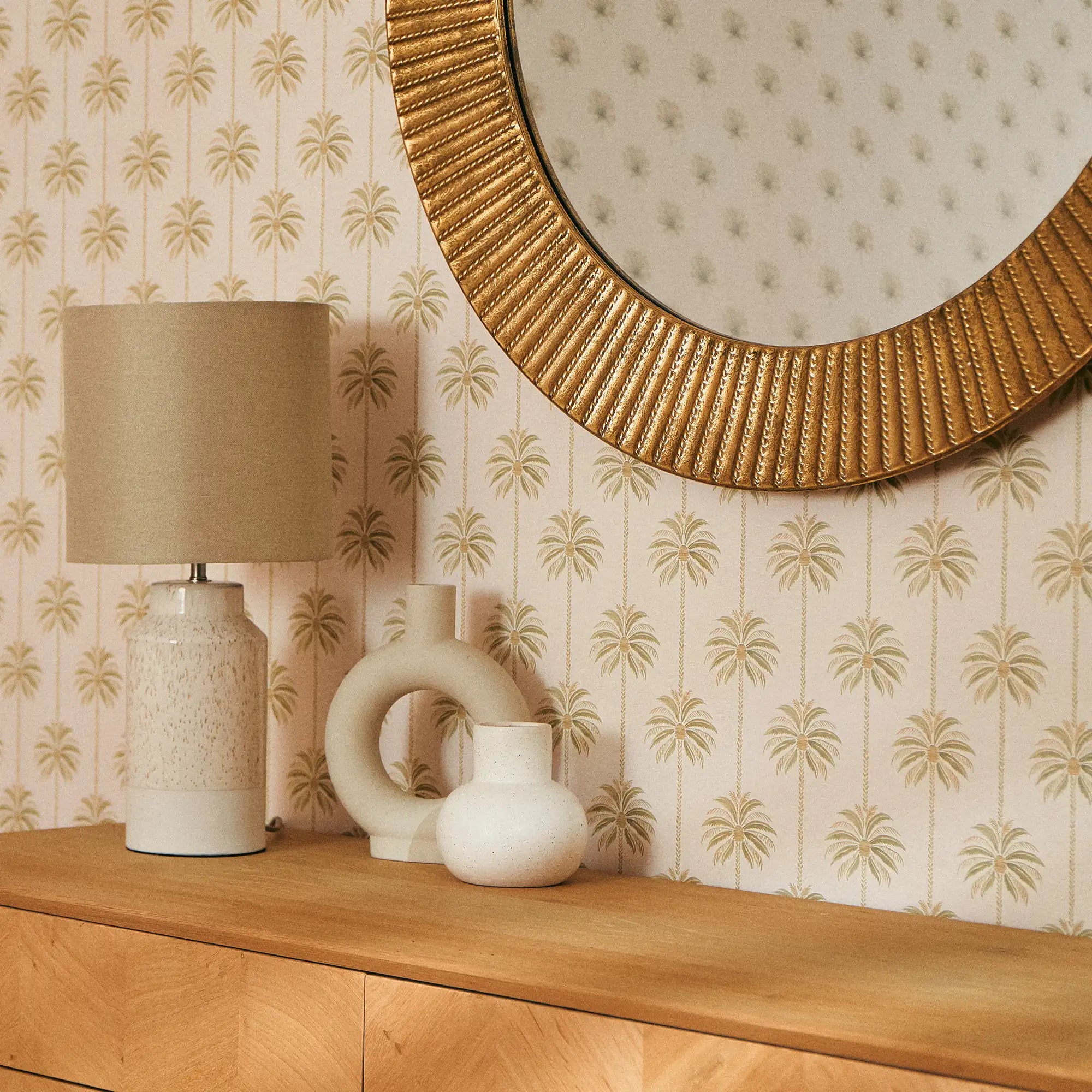 Palm Parade Wallpaper in Green on Cream