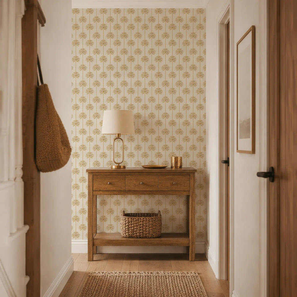 Palm Parade Wallpaper in Honey on Cream