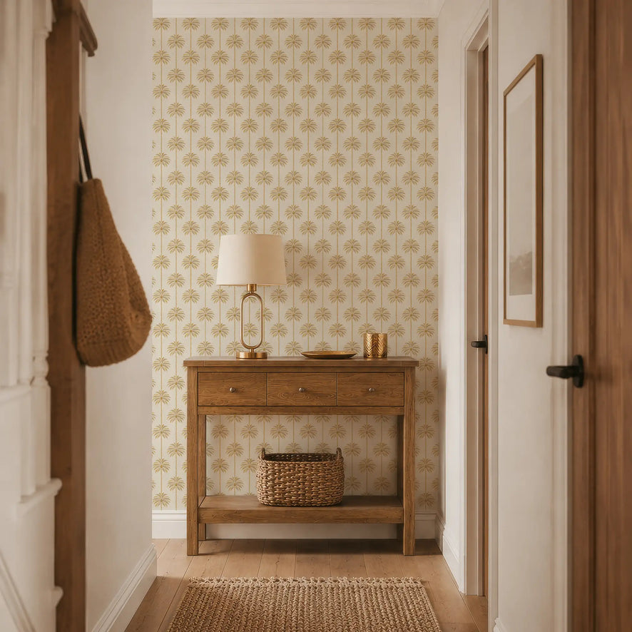 Palm Parade Wallpaper in Honey on Cream