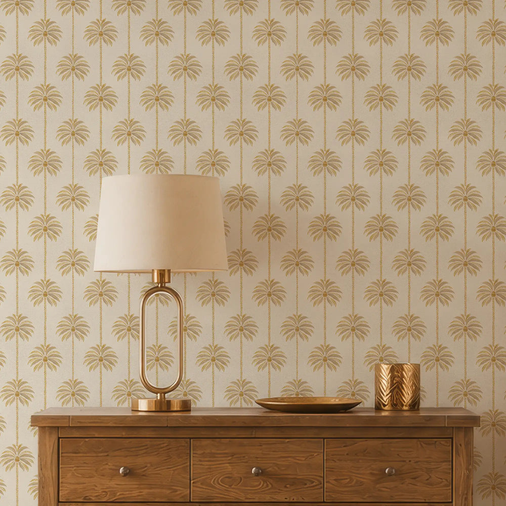 Palm Parade Wallpaper in Honey on Cream