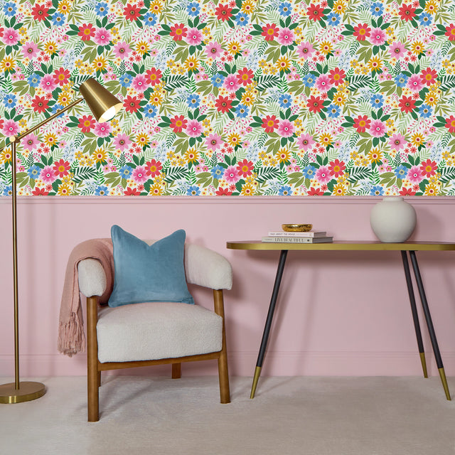 Perfect Petals Wallpaper in Brights on Cream