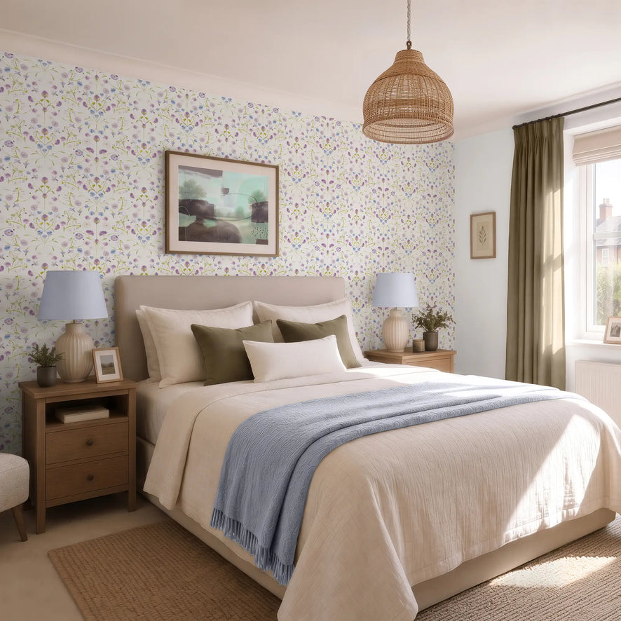 Petal Reflection Wallpaper in Lilacs on Cream