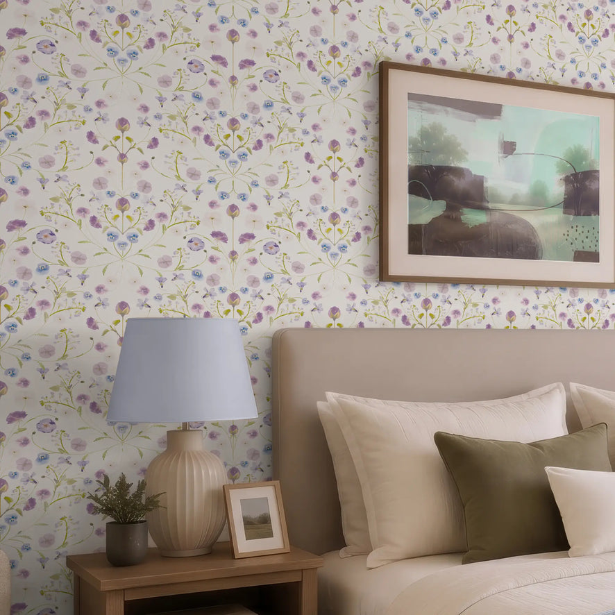Petal Reflection Wallpaper in Lilacs on Cream
