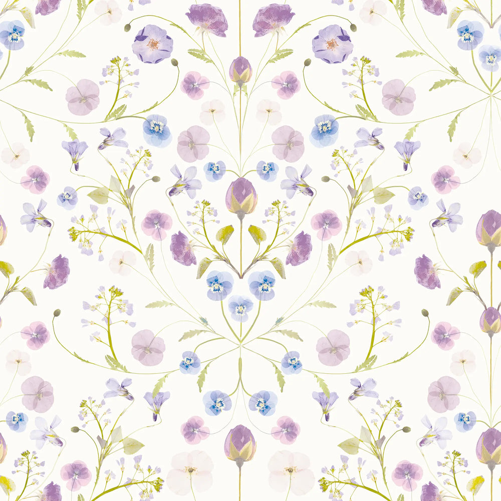Petal Reflection Wallpaper in Lilacs on Cream