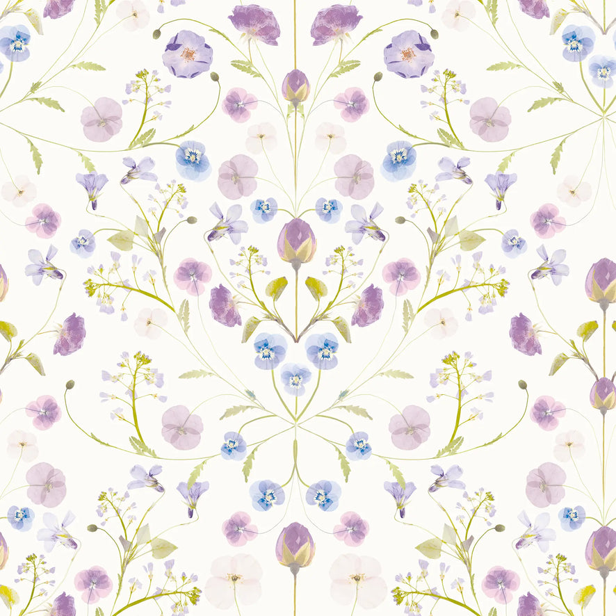 Petal Reflection Wallpaper in Lilacs on Cream