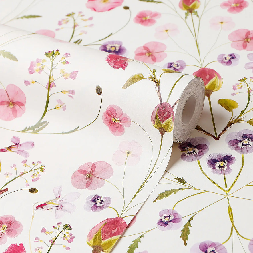 Petal Reflection Wallpaper in Pinks and Lilac on Cream