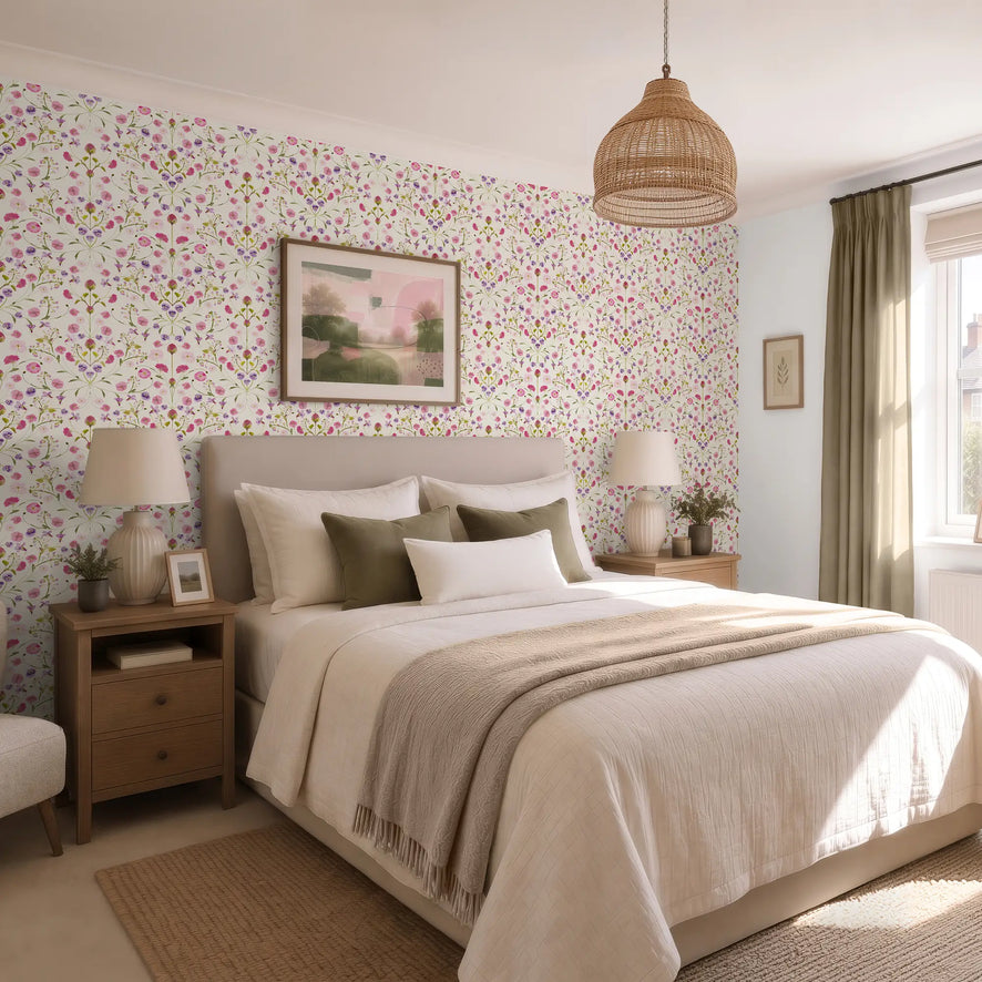 Petal Reflection Wallpaper in Pinks and Lilac on Cream
