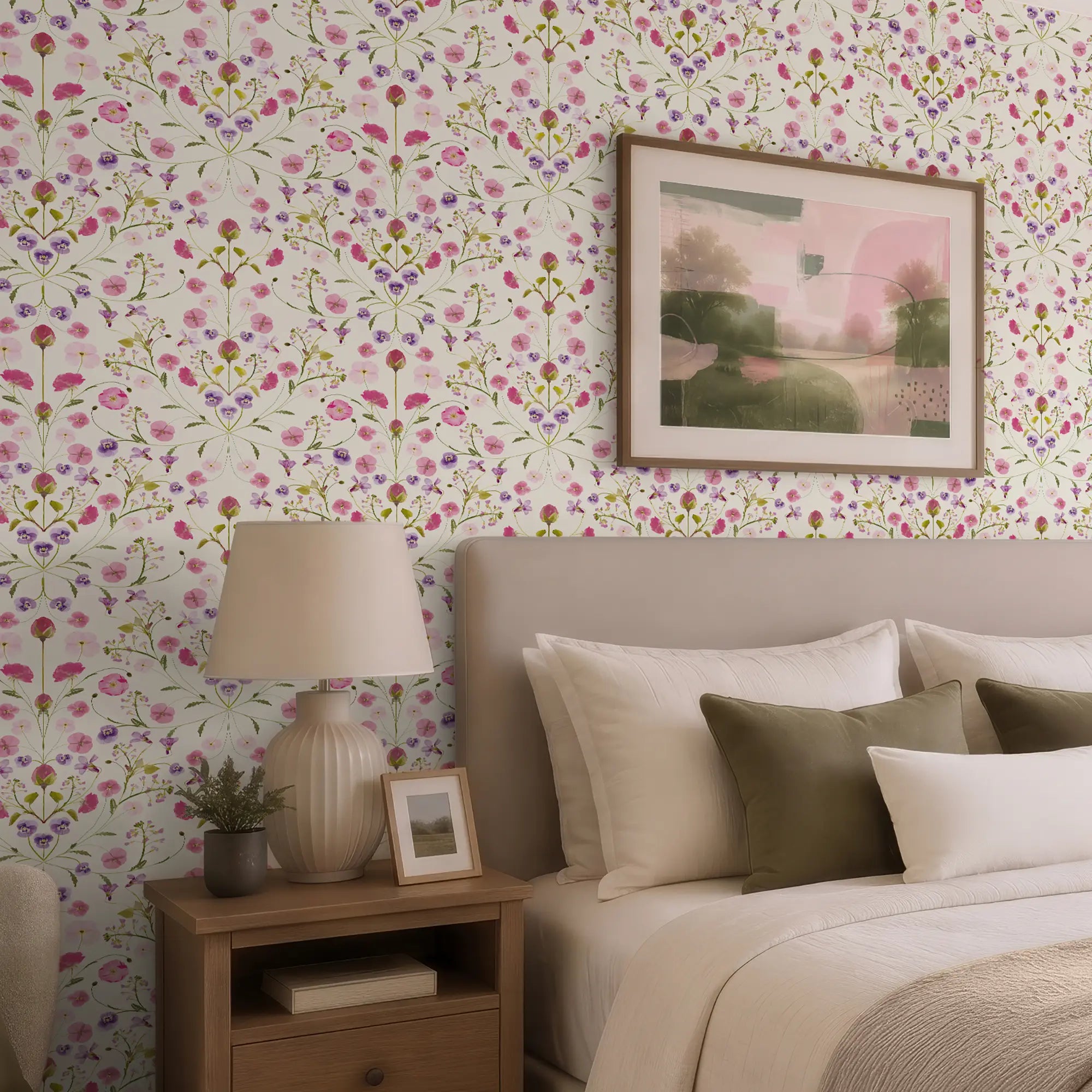 Petal Reflection Wallpaper in Pinks and Lilac on Cream