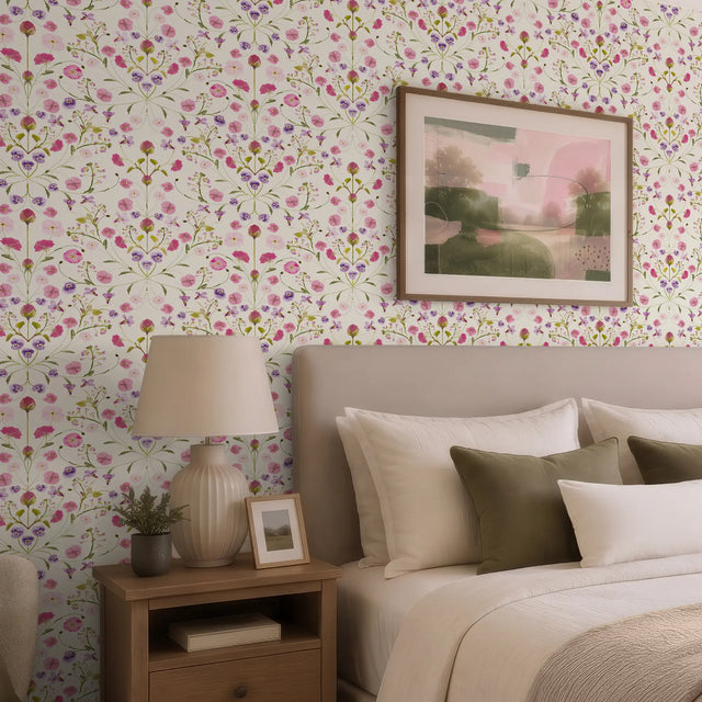 Petal Reflection Wallpaper in Pinks and Lilac on Cream