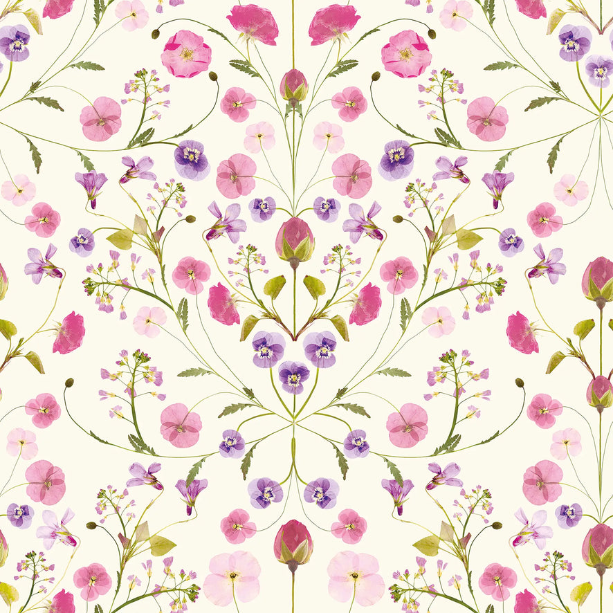 Petal Reflection Wallpaper in Pinks and Lilac on Cream