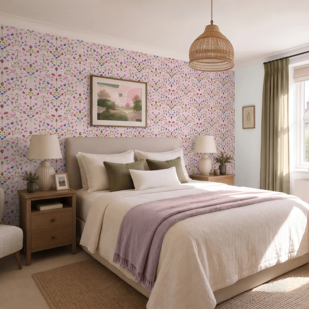 Petal Reflection Wallpaper in Pinks and Lilac on Pink