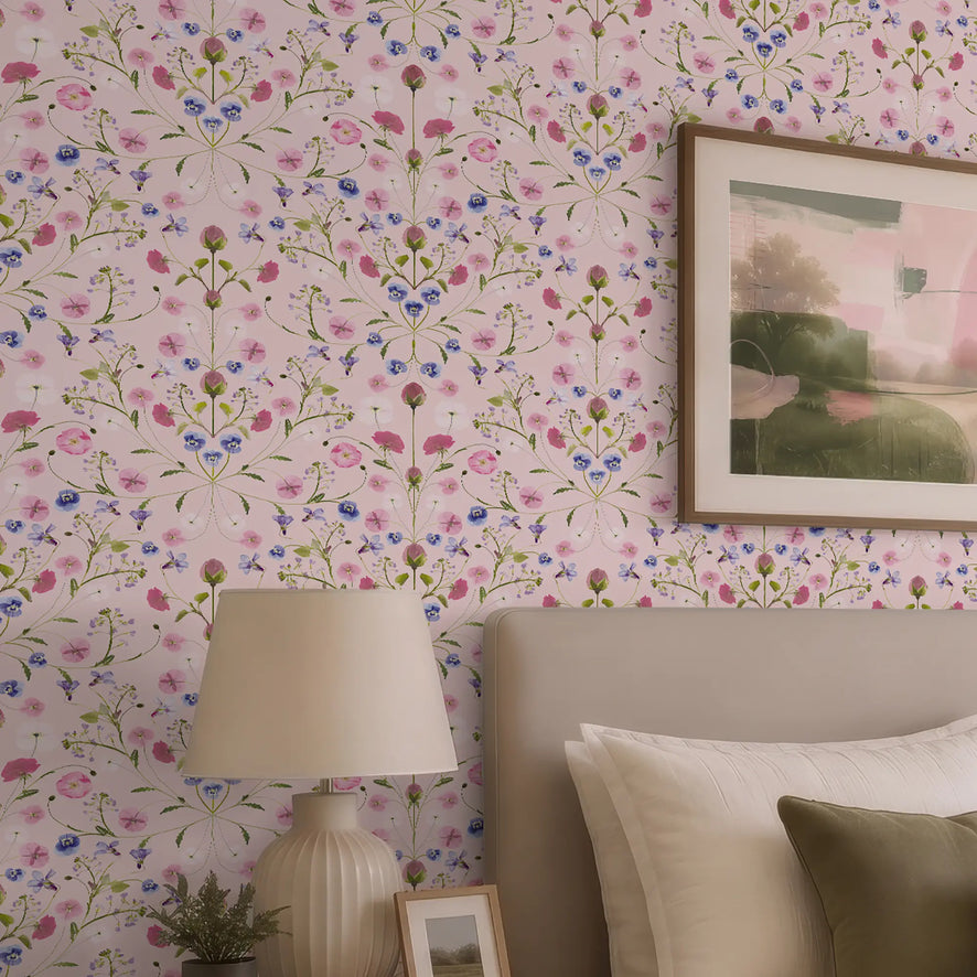Petal Reflection Wallpaper in Pinks and Lilac on Pink