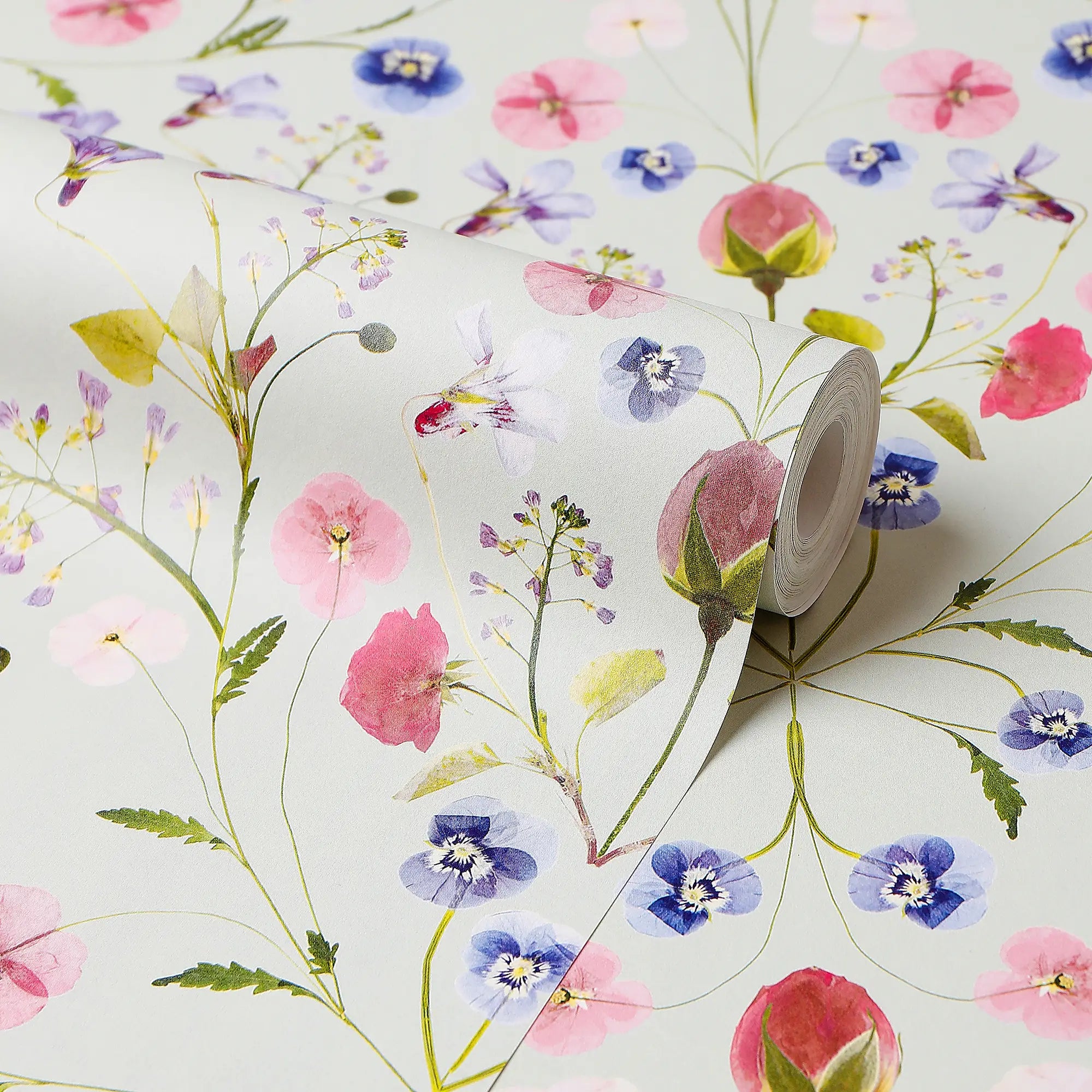 Petal Reflection Wallpaper in Pinks and Lilac on Sage Green