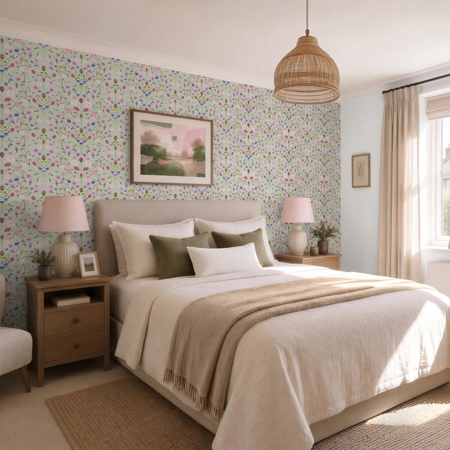 Petal Reflection Wallpaper in Pinks and Lilac on Sage Green