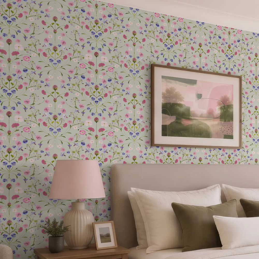 Petal Reflection Wallpaper in Pinks and Lilac on Sage Green