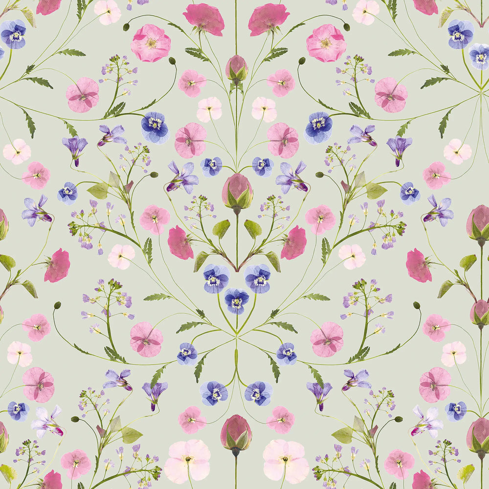 Petal Reflection Wallpaper in Pinks and Lilac on Sage Green