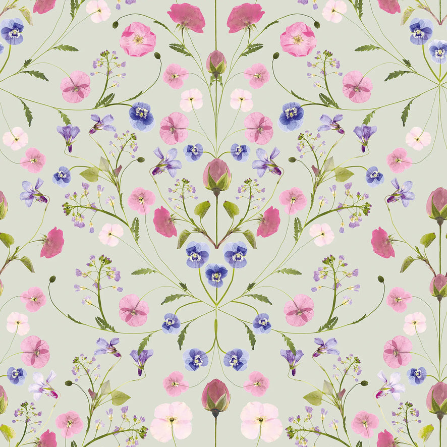 Petal Reflection Wallpaper in Pinks and Lilac on Sage Green