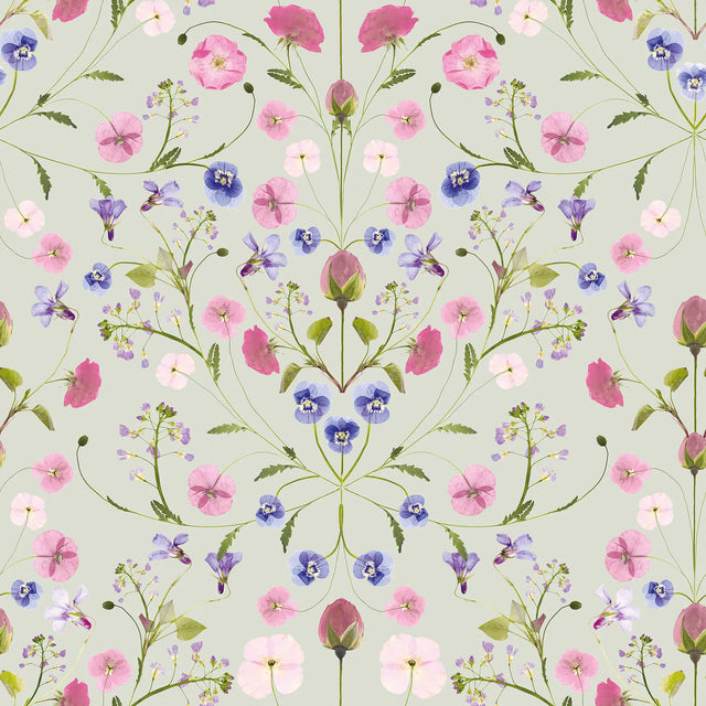 Petal Reflection Wallpaper in Pinks and Lilac on Sage Green