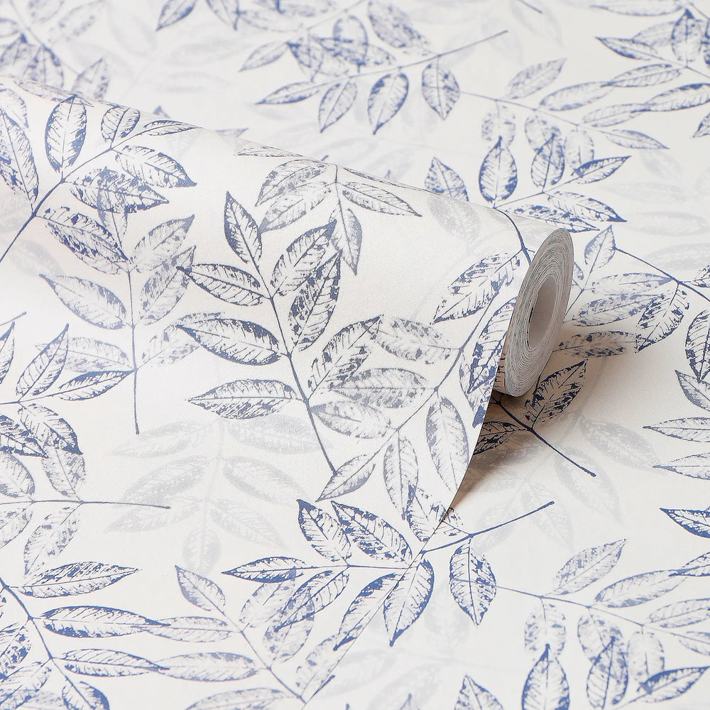 Petite Layered Leaves Wallpaper in Blue on Cream