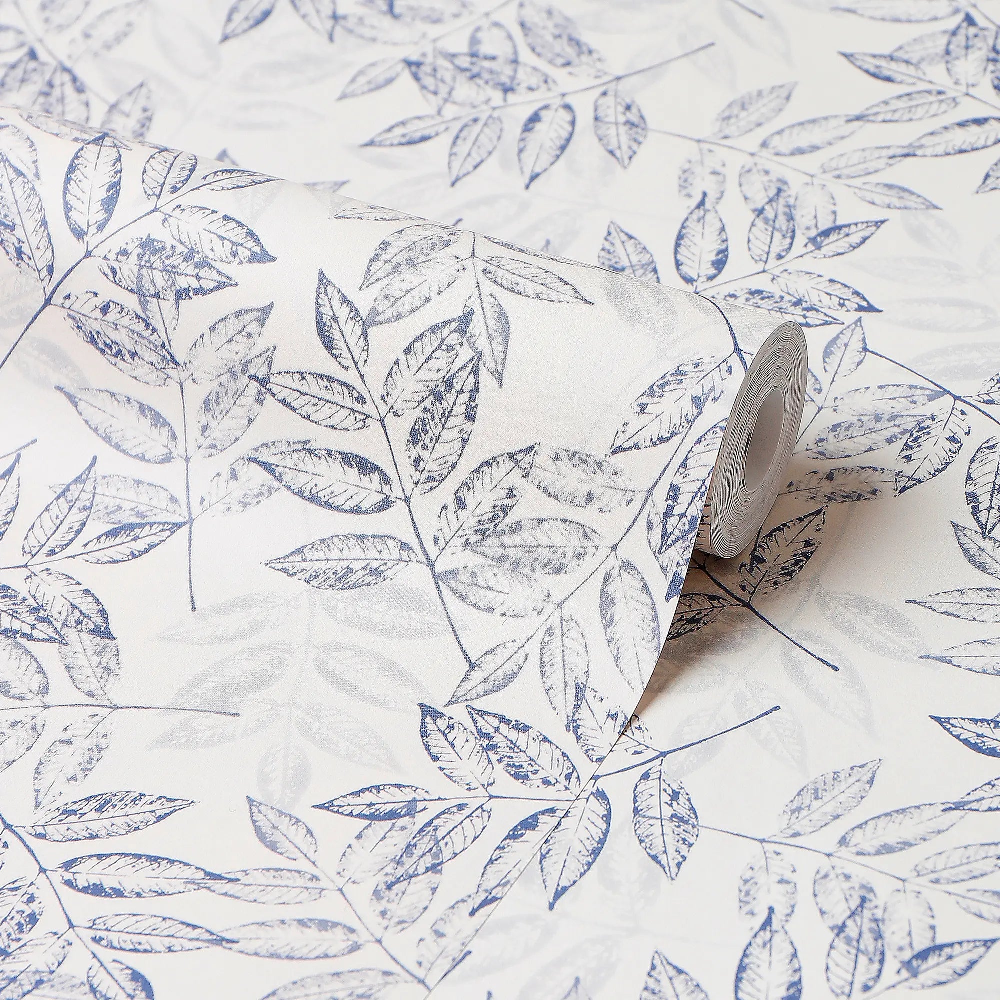 Petite Layered Leaves Wallpaper in Blue on Cream