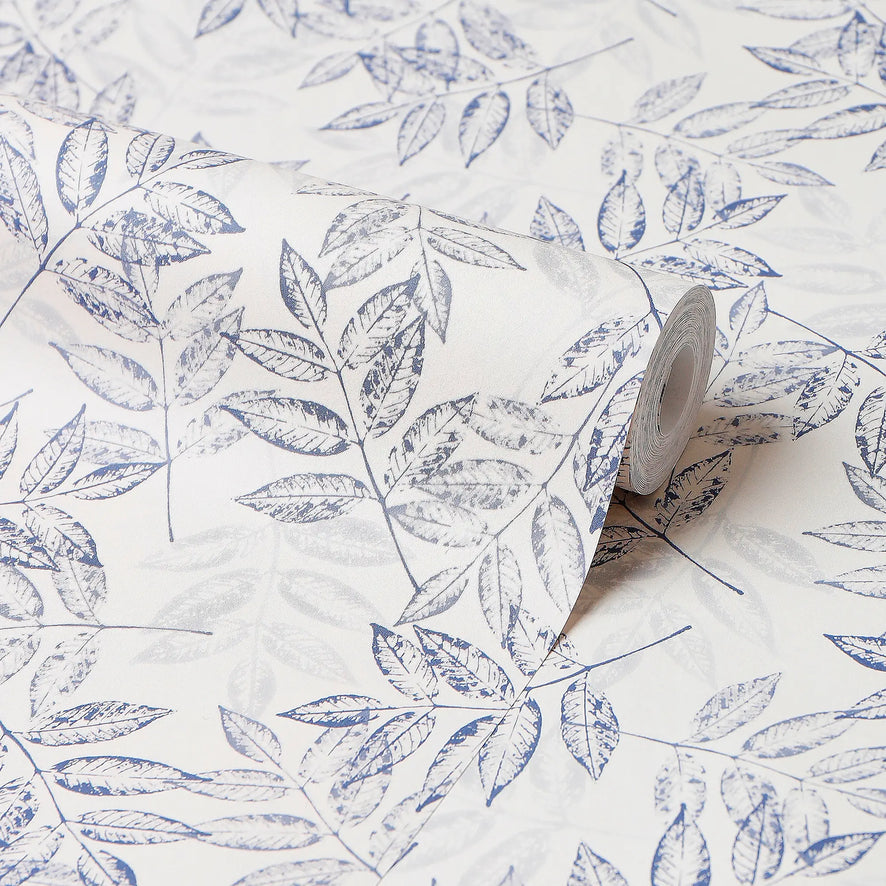 Petite Layered Leaves Wallpaper in Blue on Cream