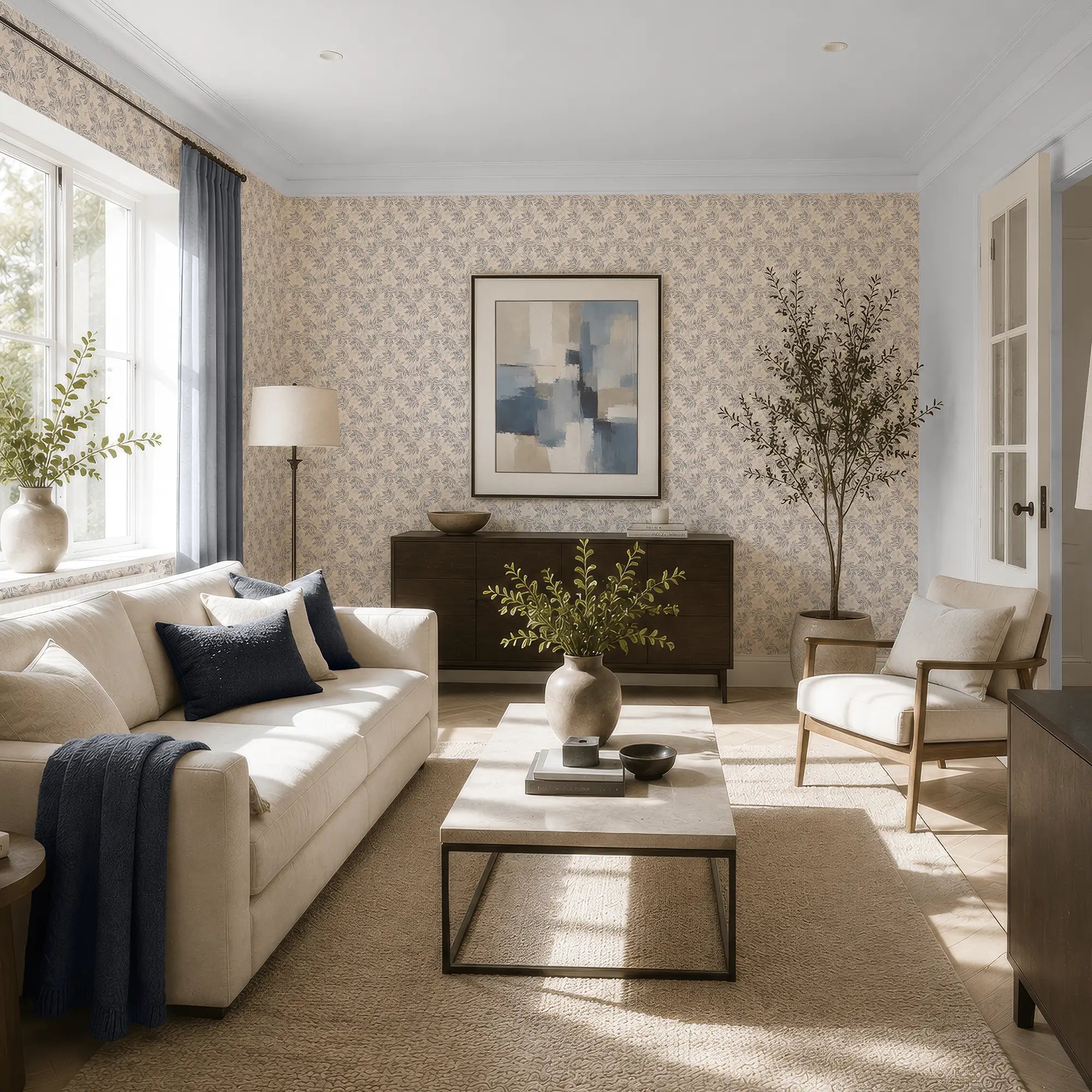 Petite Layered Leaves Wallpaper in Blue on Cream