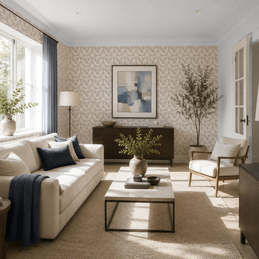 Petite Layered Leaves Wallpaper in Blue on Cream