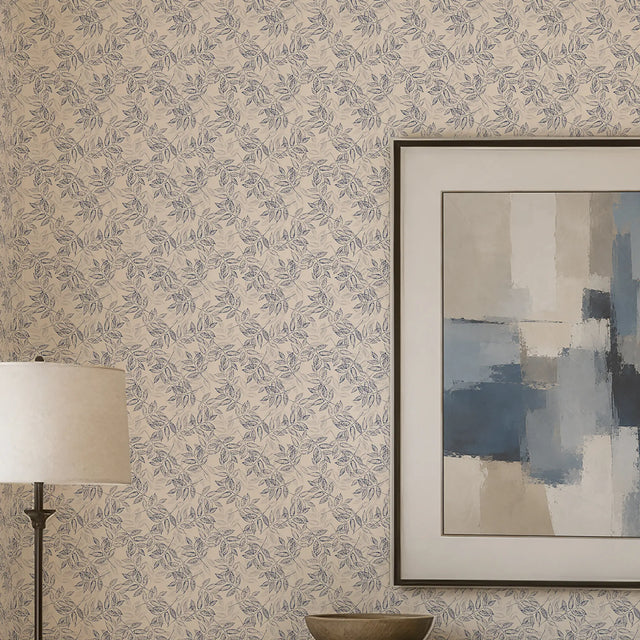 Petite Layered Leaves Wallpaper in Blue on Cream