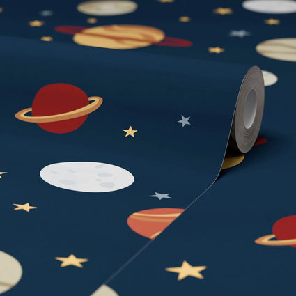 Playful Universe Wallpaper in Warm Tones on Navy