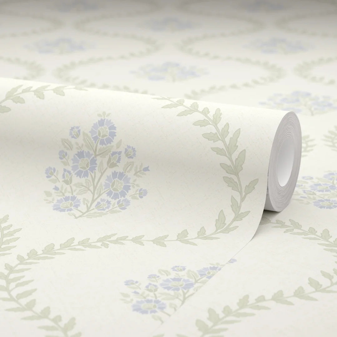 Posy Trellis Wallpaper in Blue and Sage on Cream – I Love Wallpaper