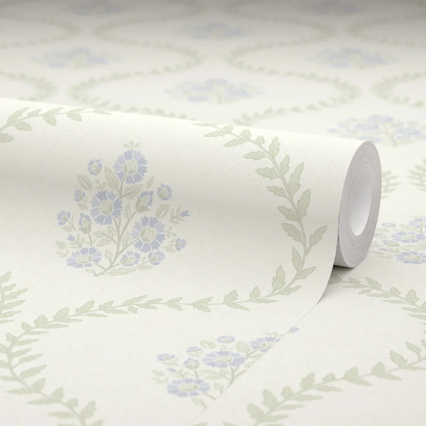 Posy Trellis Wallpaper in Blue and Sage on Cream