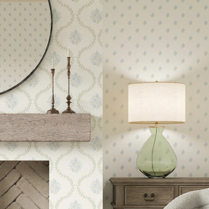 Posy Trellis Wallpaper in Blue and Sage on Cream