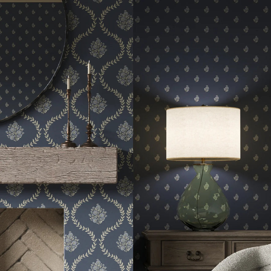 Posy Trellis Wallpaper in Cream on Navy – I Love Wallpaper