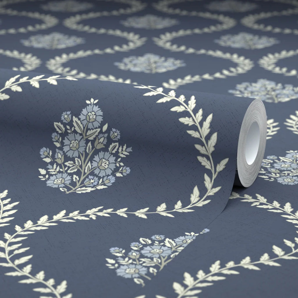 Posy Trellis Wallpaper in Cream on Navy