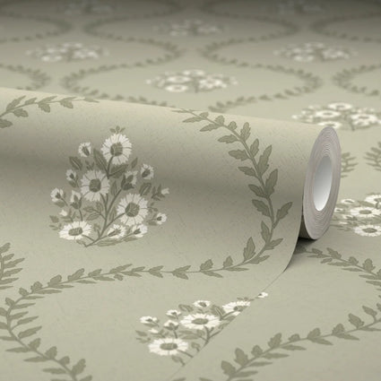 Posy Trellis Wallpaper in Cream on Organic Green