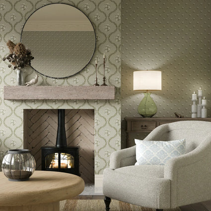 Posy Trellis Wallpaper in Cream on Organic Green