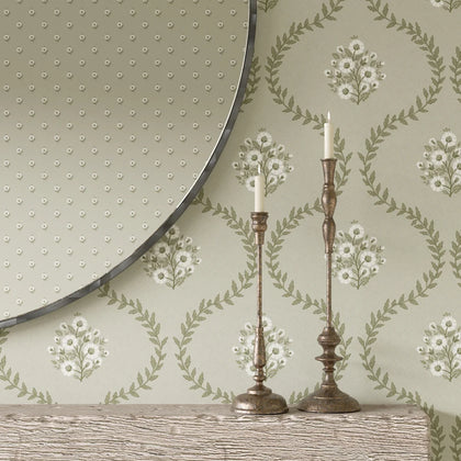 Posy Trellis Wallpaper in Cream on Organic Green